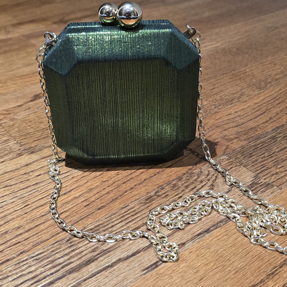Anthropologie Green Metallic Mini Clutch with Chain Strap